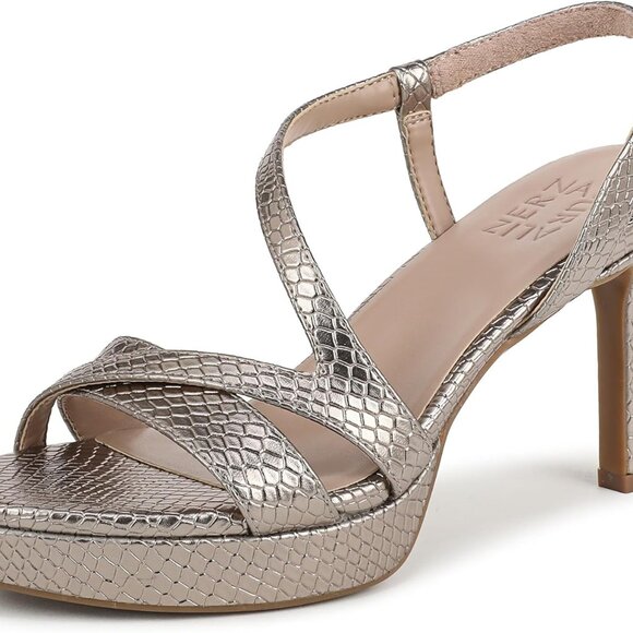 Women’s Pewter Snake Faux Leather Heeled Sandal Platform Slip On - Picture 1 of 9